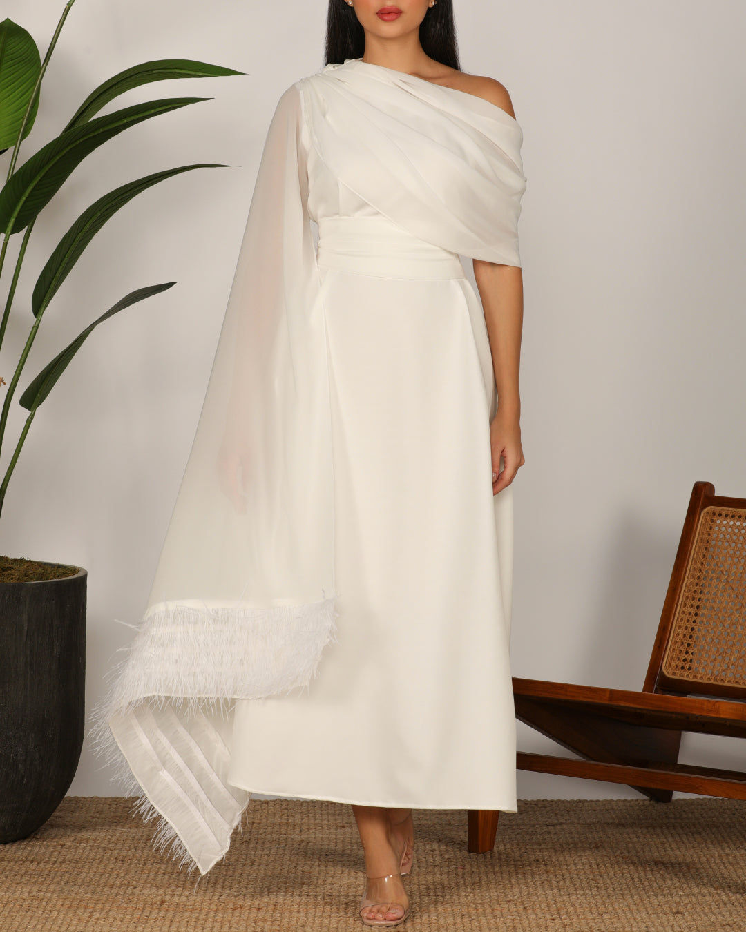 Off shoulder feather best sale dress